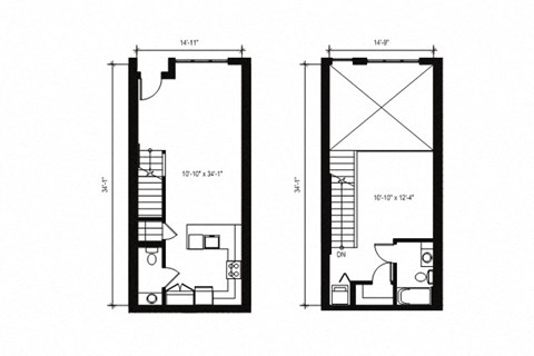 Floor plan for 1 bed, 1.5 baths, 855 sqft